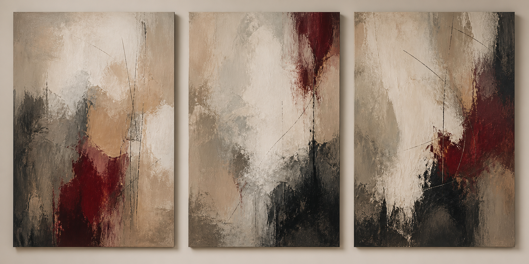 Abstraktes Triptychon als atmosphärischer Platzhalter für spätere Kunstwerke